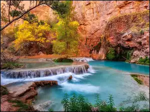 Park Narodowy Grand Canyon, Havasupai Indian Reservation, Drzewa, Stany Zjednoczone, Rzeka, Kaskada, Skały