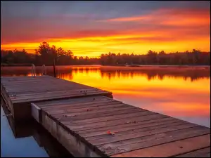 Las, Zachód słońca, Pomost, Jezioro, Drzewa