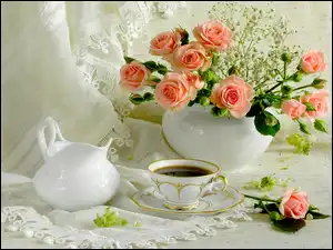 Porcelana, Różowe, Róże, Biała