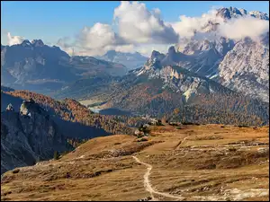 Drzewa, Góry, Misurina Lake, Chmury, Dolomity, Ścieżka, Włochy, Jezioro