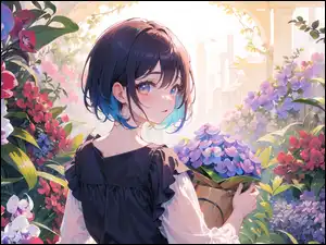Anime, Ciemnowłosa, Dziewczyna, Kwiaty