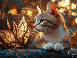 Grafika, Kot, Spojrzenie, Liście