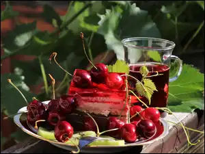 Talerzyk, Napój, Wiśnie, Ciasto, Szklanka