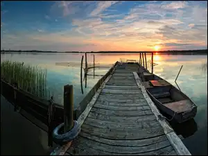 Jezioro, Pomost, Słońca, Zachód, Łódka