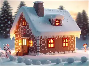 Ośnieżony dom z piernika w grafice