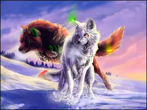 Zachód, Fantasy, Las, Wilki, Słońca