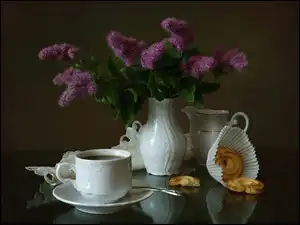 Kwiaty, Biała, Porcelana, Fioletowe