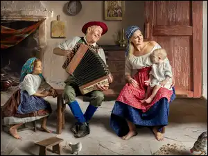 Dziadek, Rodzina, Dzieci, Akordeon, Mama, Izba