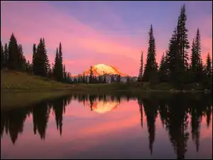 Wschód słońca, Jezioro, Stratowulkan Mount Rainier, Stan Waszyngton, Tipsoo Lake, Drzewa, Stany Zjednoczone, Park Narodowy Mount Rainier