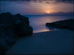 Skały, Słońca, Plaża, Ocean, Zachód