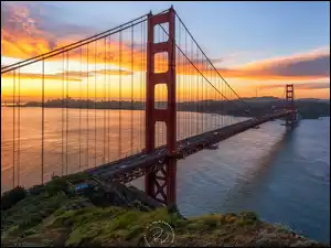 Golden Gate Bridge, Cieśnina Golden Gate, Stany Zjednoczone, Most, Kalifornia, Wschód słońca, San Francisco