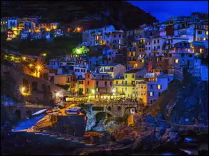 Manarola, Domy, Panorama, Nocą, Włochy, Miasta