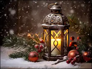 Bombki, Kompozycja, Śnieg, Lampion, Grafika