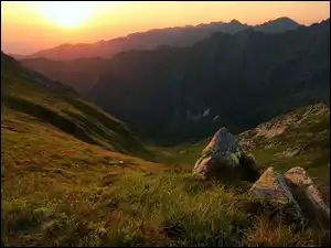 Skały, Góry, Słońce, Dolina
