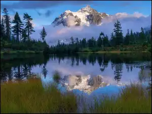 Stany Zjednoczone, Mount Baker, Stan Waszyngton, Mgła, Odbicie, Drzewa, Jezioro, Góry, Picture Lake