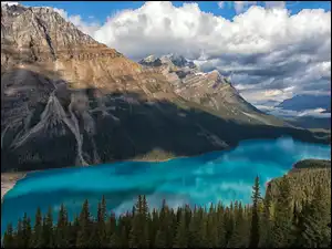 Park Narodowy Banff, Góry, Jezioro Peyto Lake, Alberta, Canadian Rockies, Drzewa, Kanada, Chmury