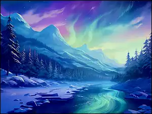 Góry, Grafika, Rzeka, Zima, Zorza polarna, Drzewa