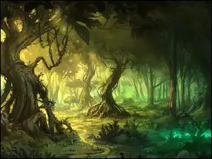 Drzewa, Przebijające światło, Las, Grafika, Wykrzywione