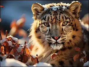 Lampart, Pożółkłe, Liście, Śnieg