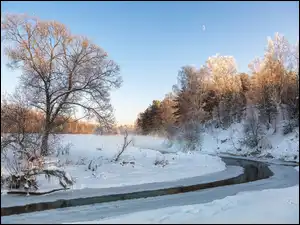 Rzeka, Drzewa, Śnieg, Zima, Ośnieżone