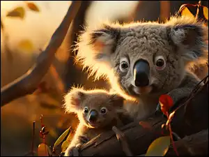 Koala z małym misiem na konarze drzewa obok gałązek