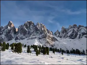 Dolomity, Zima, Góry, Włochy, Drzewa