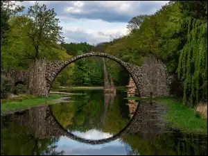 Jezioro Rakotz, Niemcy, Kamienny, Drzewa, Saksonia, Most łukowy, Chmury, Park Rododendronów Kromlau