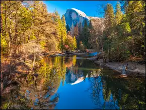 Stan Kalifornia, Park Narodowy Yosemite, Drzewa, Stany Zjednoczone, Rzeka Merced, Góry, Jesień