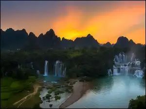 Góry, Wodospad, Rzeka, Zachód słońca, Ban Gioc Waterfall, Cao Bang, Wietnam, Jezioro