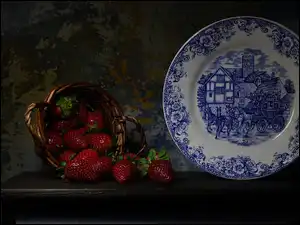 Truskawki, Koszyk, Talerz, Kompozycja, Malowany, Stół