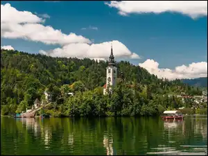 Słowenia, Jezioro Bled, Domy, Góry, Kościół, Łódki
