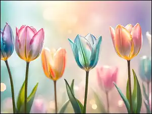 Grafika, Rozświetlone, Kolorowe, Tulipany