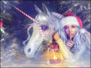 Koń, Kobieta, Lampion, Gałązki, Czapka, Jednorożec, Grafika, Mikołaja