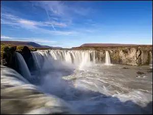 Rzeka, Islandia, Wodospad Godafoss, Skały, Tęcza