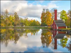 Finlandia, Staw, Gmina Ruotsinpyhtaa, Drzewa, Odbicie, Dom, Młyn, Jesień, Stromfors Iron Works