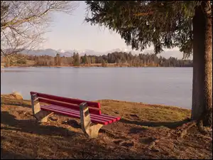 Drzewa, Góry, Czerwona, Ławka, Jezioro
