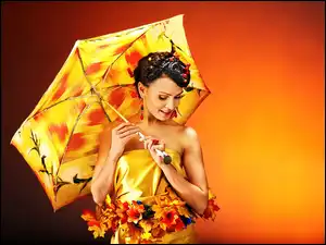 Jesienne, Liście, Parasol, Modelka, Kwiaty