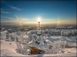 Wschód, Krajobraz, Kościół, Zima, Słońca