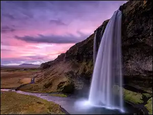 Skała, Chmury, Wodospad Seljalandsfoss, Islandia, Rzeka