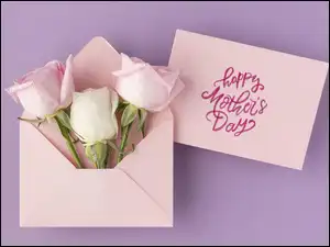 Tło, Kwiaty, Róże, Koperta, Różowa, Dzień Matki, Napis, Kartka, Happy Mothers Day, Fioletowe