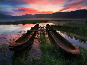 Zachód słońca, Jezioro, Kajaki, Niebo