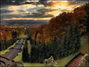 Miasto Kassel, Park Wilhelmshohe, Zachód słońca, Niemcy, Niebo, Drzewa, Pomnik Herkulesa