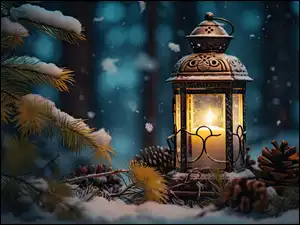 Lampion z zapaloną świecą obok szyszek i iglastych gałązek na śniegu