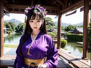Azjatka w kimono i kwiatami we włosach