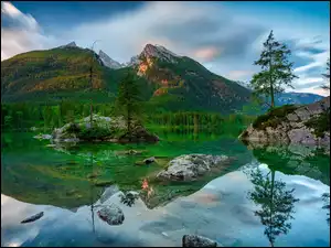 Niemcy, Góry, Bawaria, Kamienie, Gmina Berchtesgadener, Alpy, Drzewa, Jezioro Hintersee, Skały
