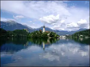 Jezioro, Słowenia, Góry, Kóściół, Bled