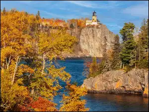 Lake Superior, Jesień, Skały, Minnesota, Latarnia, Jezioro, Stany Zjednoczone, Split Rock Lighthouse
