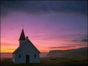 Kościół, Słońca, Wybrzeże, Islandia, Zachód