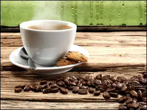 Łyżeczka, Filiżanka, Kawa, Zieleń, Ciastka, Deska