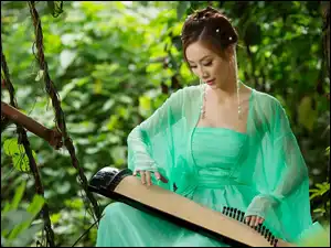 Zielona, Kobieta, Azjatka, Koto, Sukienka, Instrument